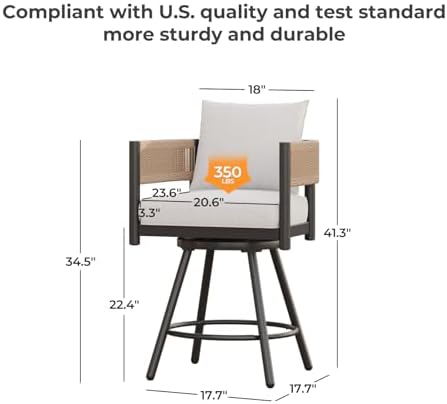 Grand patio Outdoor Swivel Bar Stools Set of 6, 26" Counter Height Swivel Chairs with Metal Frame, Curved Woven Wicker Backrest, Thickened Cushions for Patio, Deck, Balcony (Natural)