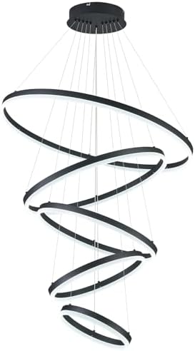 5-Rings D31.5in Modern LED Chandelier Black Dimmable High Ceiling Chandeliers Foyer with Remote Control for Entryway Living Room Dining Room Staircase, 3000K-6500K