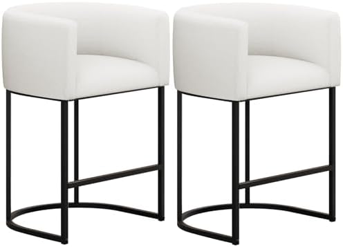 Counter Height Bar Stools Set of 2, 24 Inch Seat Height Barstools for Dining Room, Fabric Upholstered Bar Chair for Kitchen Island, Linen Counter Stools with Metal Legs, White