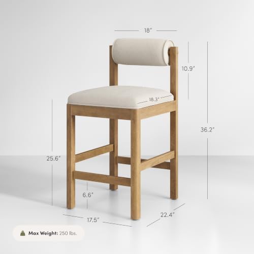 Nathan James Kimberly Modern Counter Stool with Solid Wood Legs, Boucle Upholstered Counter Height Stool with Bolster Back, Cream Boucle/Light Brown