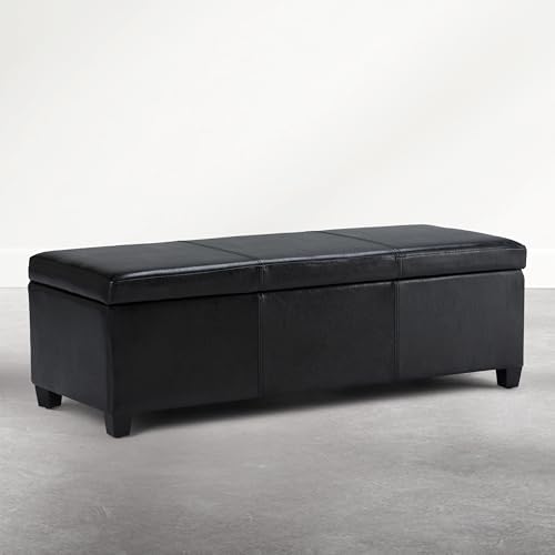 SIMPLIHOME Avalon 48" Wide Vegan Leather Ottoman in Carbon Black