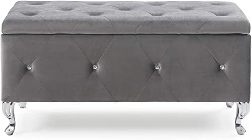 AC Pacific Glam 38 Inches Storage Ottoman Bench for Entryway, Hallway, Living Room, and Bedroom, Upholstered Tufted Faux Leather Ottoman with Storage, Foot Rest and Organizer, Fossil Gray
