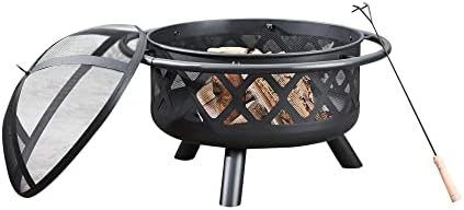 Teamson Home Large 76cm Garden Round Wood Burning Fire Pit, Outdoor Furniture Chimnea, Firepit Heater, Metal Log Burner Fire Bowl with Lid & Poker
