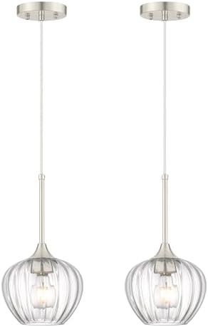 2 Pack Brushed Nickel Pendant Lights Kitchen Island with Ribbed Glass Shade