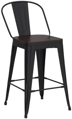 Aklaus Swivel Metal Bar Stools Set of 4 Counter Height Stools Counter Bar Stools with Back Swivel Metal Bar Chairs Wooded Seat 26 Inch Matte Black barstools