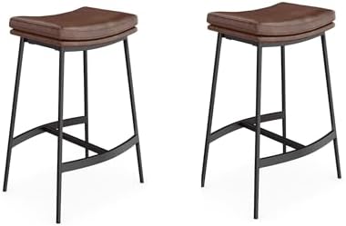 Nathan James Arlo Modern Backless Upholstered Kitchen Counter Bar Stool with Double-Layered Saddle Seat and Black Metal Base, Brown/Matte Black, Set of 2