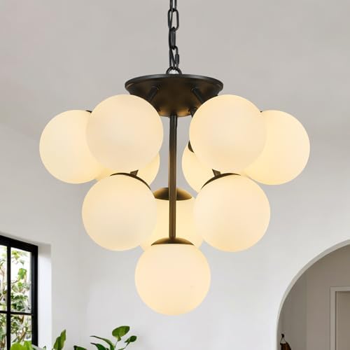 10 Lights Globe Pendant Light Mid Century Pendant Lighting Modern Black Sputnik Chandelier Dining Room Pendant Lights for Kitchen Island Living Room Bedroom Staircase