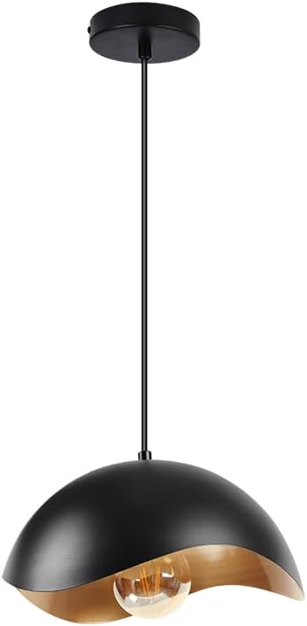 Modern Wave Pendant Light, 11" Black and Gold Dome Shade, LED Ceiling Light Fixture with Globe Bulb, Contemporary Hanging Light for Kitchen, Dining Room, Bedroom