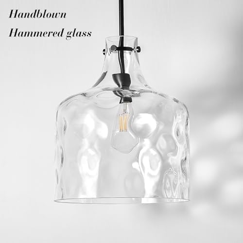 CATINER 16" Farmhouse Hammered Glass Pendant Light, Black Hanging Light