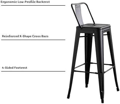 AC Pacific 30” Metal Barstool Set of 2 – Country Rustic Style with Low Back, Lightweight & Sturdy Build, Easy Assembly – Matte Black