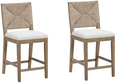 Nathan James Beacon Bohemian Boucle Bar Stool, Upholstered Counter Height Chair with Solid Wood Frame and Woven Seagrass Back for Kitchen Island, Light Brown/Seagrass/Cream Boucle, Set of 2