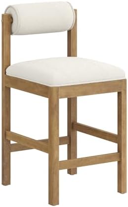 Nathan James Kimberly Modern Counter Stool with Solid Wood Legs, Boucle Upholstered Counter Height Stool with Bolster Back, Cream Boucle/Light Brown