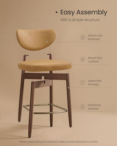 VASAGLE Wooden Bar Stools Set of 2, Synthetic Leather, Caramel Brown