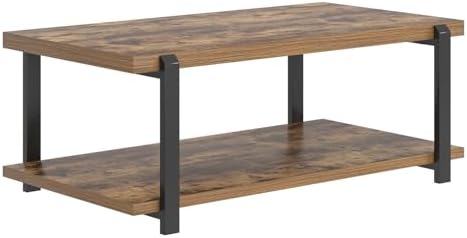 FOLUBAN Modern Coffee Table, Rustic Wood Center Table with Storage for Living Room, Industrial Rectangle 2 Tier Low Cocktail Tea Table, Rustic Brown