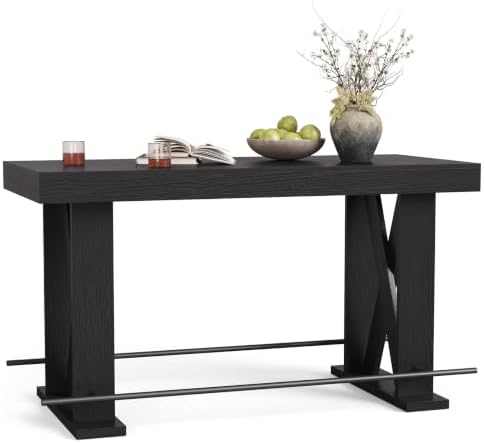 LITTLE TREE 63" Bar Table, Pub Table with Metal Footrest (Black,1)