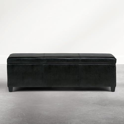 SIMPLIHOME Avalon 48" Wide Vegan Leather Ottoman in Carbon Black