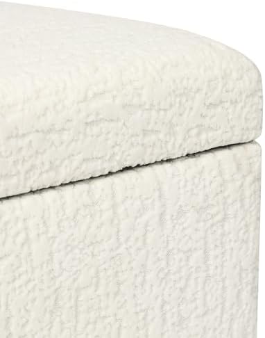 Adeco 18 Inch High Faux Fur White Cube Ottoman Storage, 3D Embossed Velvet Chair Foot Stools, Upholstered Vanity Stool with Hinged Lid, Solid Wood Legs