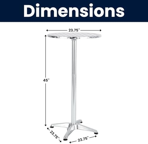 BTEXPERT Aluminum Indoor Outdoor 23.75" Round Restaurant Bar Height 45" Table flip top, Patio Stainless Steel Silver Furniture 25.75" Base