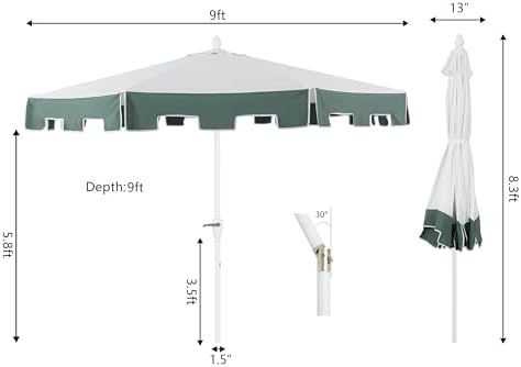 JONATHAN Y Baiona 9 ft. Outdoor Market Patio Umbrella, White/Green
