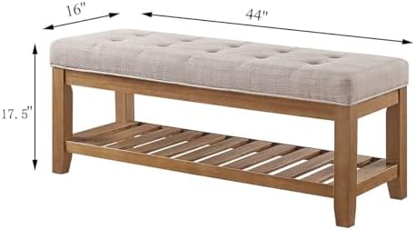 24KF Large Rectangular Upholstered Tufted Linen Fabric Ottoman Bench, Padded Bench with Solid Wood Shelf-Linen