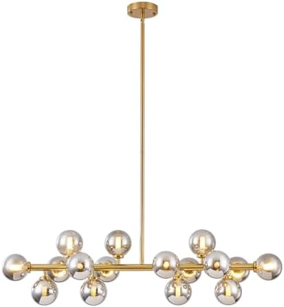 Mid Century Modern Glass Globe Sputnik Chandelier with Smoke Grey Bubble, 16-Light Large Linear Chandeliers for Dining Room Kitchen Island Living Room, Gold Dining Light Fixture Over Table