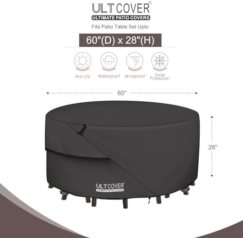 ULTCOVER Waterproof Round Patio Table Cover 60 inch, Black