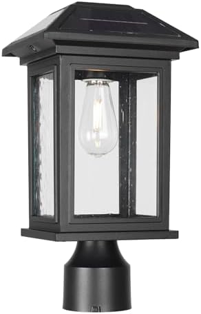 Solar Post Lights Outdoor, Waterproof Anti-Rust Black Pole Light Fixtures with Clear Glass, LED Solar Powered Lamp for Garden, Front Yard, Porch, Garage, and Patio (Bulb Included)