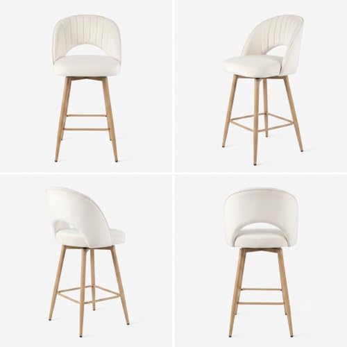 Swivel Bar Stools Set of 3, Counter Height Barstools for Kitchen Island, 26" Seat Height Bar Chairs for Dining Room, Velvet Upholstered Bar Stool with Back and Footrest, White