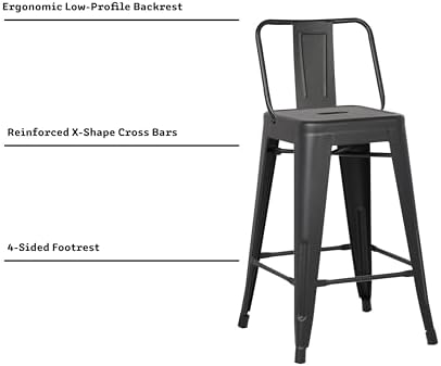 AC Pacific 24” Metal Barstool Set of 2 – Country Rustic Style with Low Back, Lightweight & Sturdy Build, Easy Assembly – Black Matte