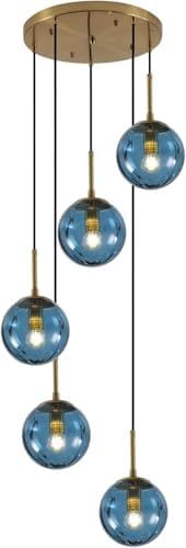 kco modern 5-light blue ribbed glass globe cluster shown in use