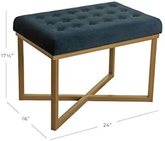 Homepop Home Decor | Upholstered Tufted Velvet Ottoman Bench | Ottoman Bench for Living Room & Bedroom, Blue, 24 x 16 x 17-1/2 inches high
