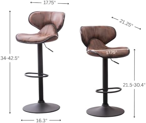 Roundhill Furniture Masaccio Weathered Brown Upholstery Airlift Adjustable Swivel Barstool with Chrome Base, Set of 2