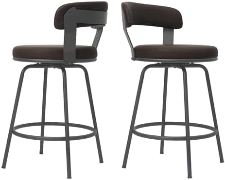 24 Inch Swivel Counter Height Bar Stools Set of 2, Modern Backs, Leather Counter Stools for Kitchen Island, Brown
