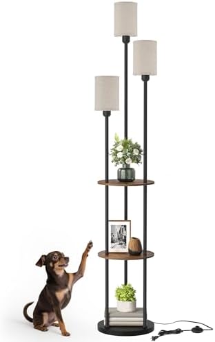 70.9" Floor Lamp with Shelves, Modern Floor Lamp with 3 Linen Shades and Foot Switch, 3-Light Standing Lamp, for Living Room, Bedroom, Study, Office, Rustic Brown and Beige EF53LD05