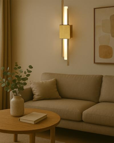 Modern Golden LED Wall Sconce, Geometric Metal and Acrylic Vertical Wall Lamp, Minimalist LED Light for Bedroom, Living Room, Hallway – 8 W, 48 cm, 3 Light Shades (Gold-Left)