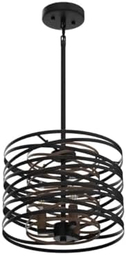 12.6'' Farmhouse Chandeliers for Dining Room, 3-Light Industrial Metal Hanging Light Fixture, Rustic Drum Pendant Light for Entryway Kitchen Foyer Bedroom, Black with Retro Wood Texture Interior