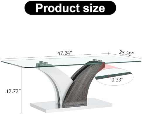 47'' Glass Coffee Table for Living Room,Rectangle Clear Center Table,Modern Glass Sofa Coffee Table with Tempered Glass Top and MDF Thickened Base