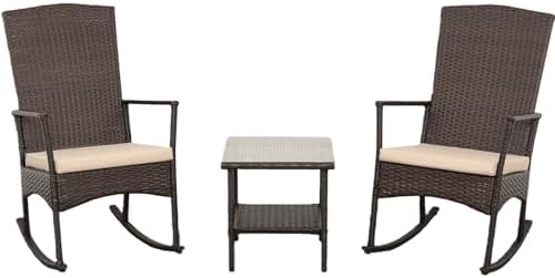 Outdoor HDPE Wicker Rocking Chair 3-Piece Patio Rattan Bistro Set 2 Rocker Armchair and Glass Coffee Side Table Furniture Washable Lacing Cushions, Khaki