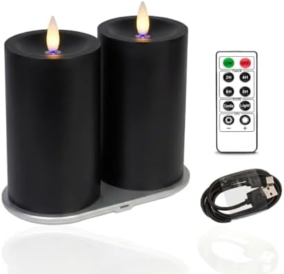 Rechargeable Flameless Pillar Candle with Remote Timer, 3D Moving Flame Real Wax Led Pillar Candles (Black, 3''x5'')