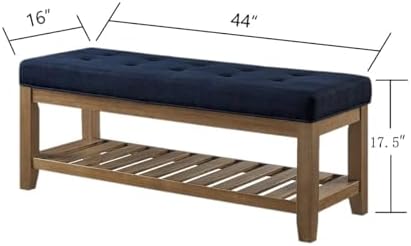 24KF Large Rectangular Upholstered Tufted Linen Fabric Ottoman Bench, Padded Bench with Solid Wood Shelf-Navy Blue