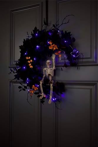 20" Pre-lit Halloween Black Moon Wreath with Poseable Skeleton, Handmade Halloween Wreath Decor for Home Front Door Porch Wall Hanging