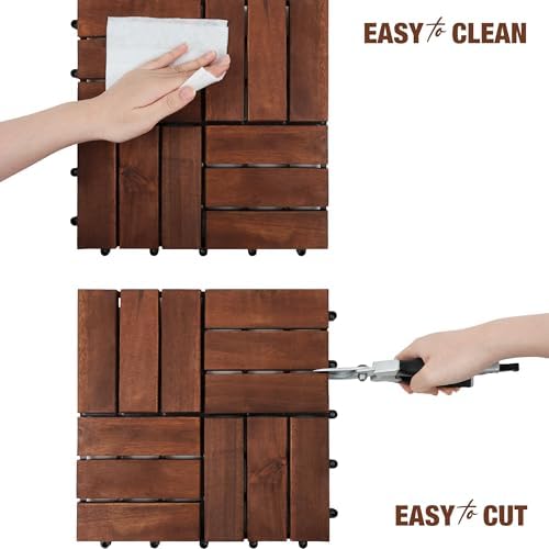 Acacia Wood Interlocking Deck Tiles, Patio & Backyard Tile, 12 in, 9 PCS