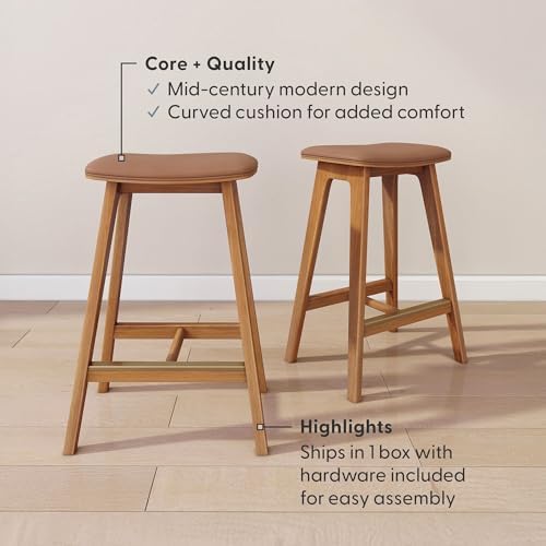Plank+Beam Beryl Bar Stool, Upholstered, Set of 2, Pecan/Toffee