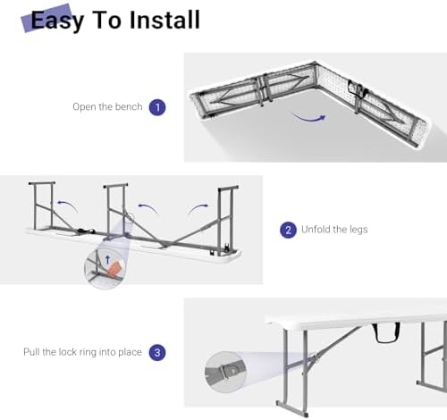 Byliable Folding Bench 6ft,Portable Plastic Bench Seat with Handle,White