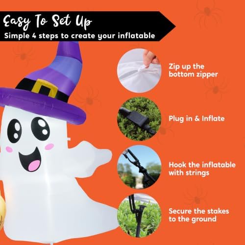 JOYIN Halloween Inflatables Ghost Outdoor Decorations, Cute Blow Up Ghost Holding Broom with LED, Blow Up Yard Decorations for Halloween Outdoor Yard Garden Lawn Party Decor