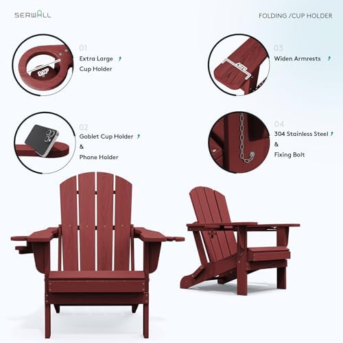 SERWALL Outdoor Adirondack Chair Set of 2 with 2 Cup Holders,Foldable,Red
