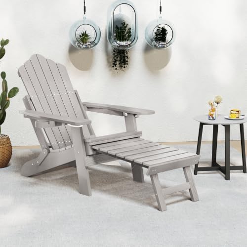 GIANTEX Folding Adirondack Chair, All-Weather Lounge Chair with Adjustable Backrest, Retractable Ottoman, Cup Holder, HIPS Fire Pit Chair for Lawn, Pool, Patio, Porch (1, Gray)