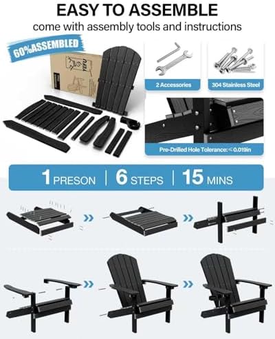 YEFU Adirondack Chairs Set of 6 with Cup Holder, Weather Resistant, Black