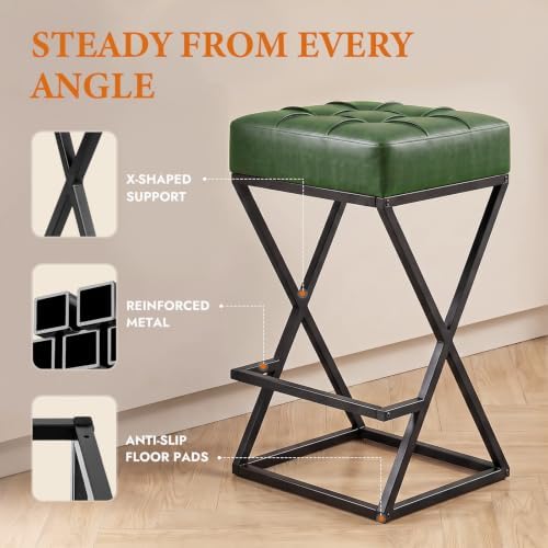 Bar Stools Set of 3, 26 Inch Counter Height Stool Faux Leather Green