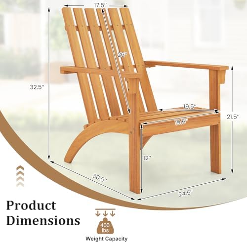 Tangkula Outdoor Adirondack Chair, Solid Acacia Wood Fire Pit Chair with Inclined Backrest, Curved Seat & Wide Armrests, Wooden Lawn Chair for Porch, Patio, Garden, Backyard, Deck (1, Natural)